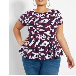 Ashley Stewart Plus Camo Seamed Peplum Top NWT